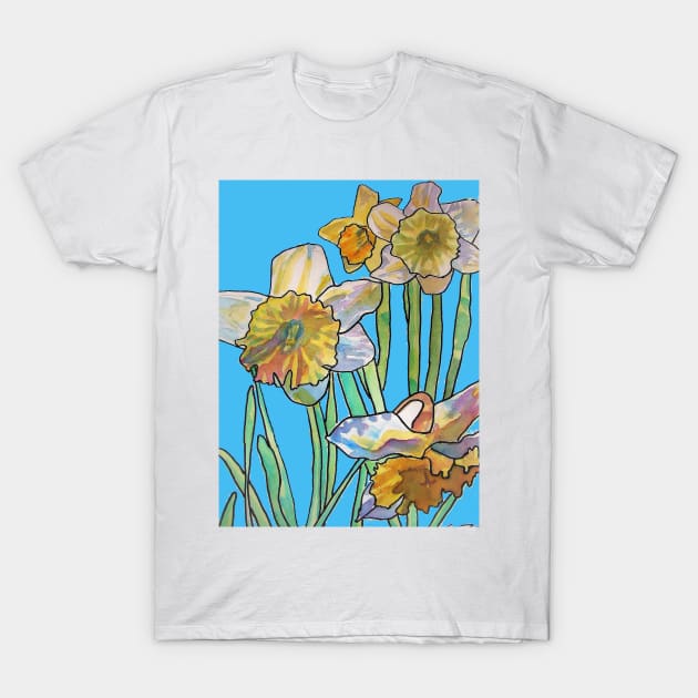 Abstract Yellow Daffodil Watercolor Pattern on Light Blue T-Shirt by SarahRajkotwala